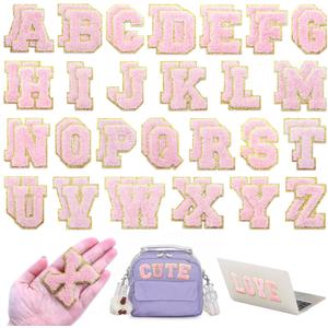 52 Pcs Chenille Letter Patches Self Adhesive Iron On for Backpacks, 2.17 Inch Glitter Letter Stickers Preppy Varsity for Clothing Jackets Hat Laptop (Pink Letters)
