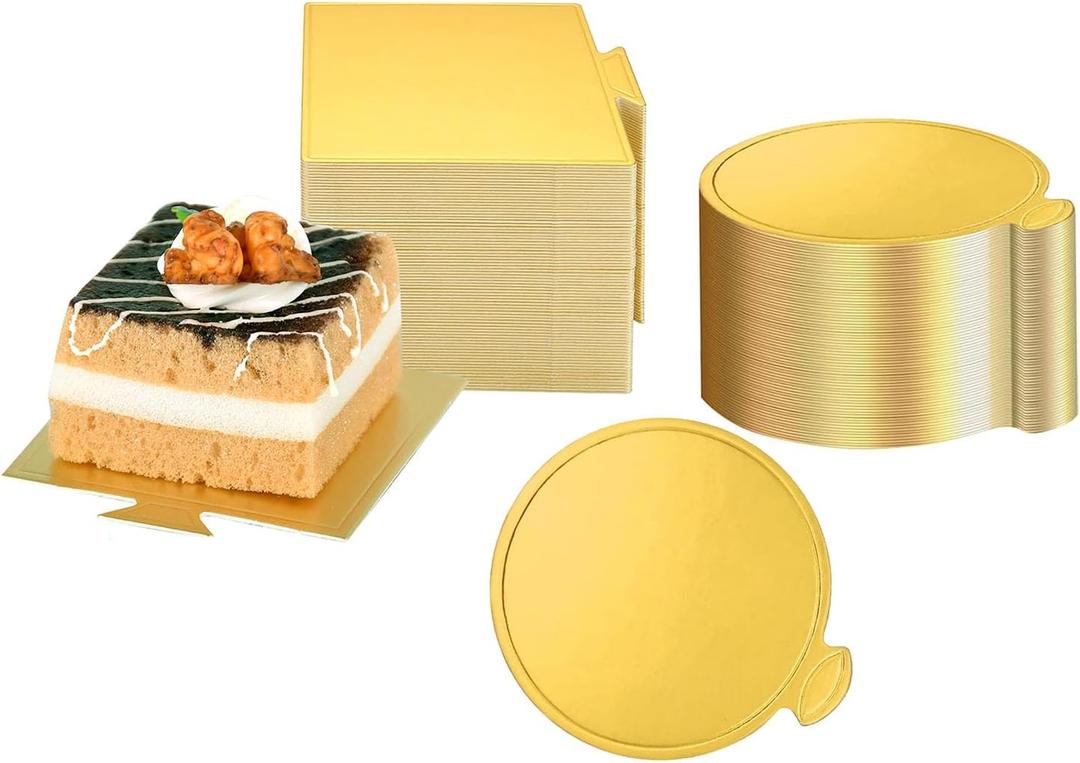 100pcs Mini Golden Cake Boards Round and Square Mousse Cupcake Base Paper Plates Dessert Board Circle Base for Cake DIY, Baking Dessert Party Wedding Birthday