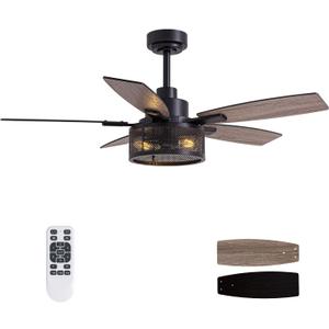 46 Inch Ceiling Fans with Lights and Remote Control, Farmhouse Ceiling Fan for Bedroom Living Room and Patio, Black Caged Ceiling Fan for Indoor and Outdoor