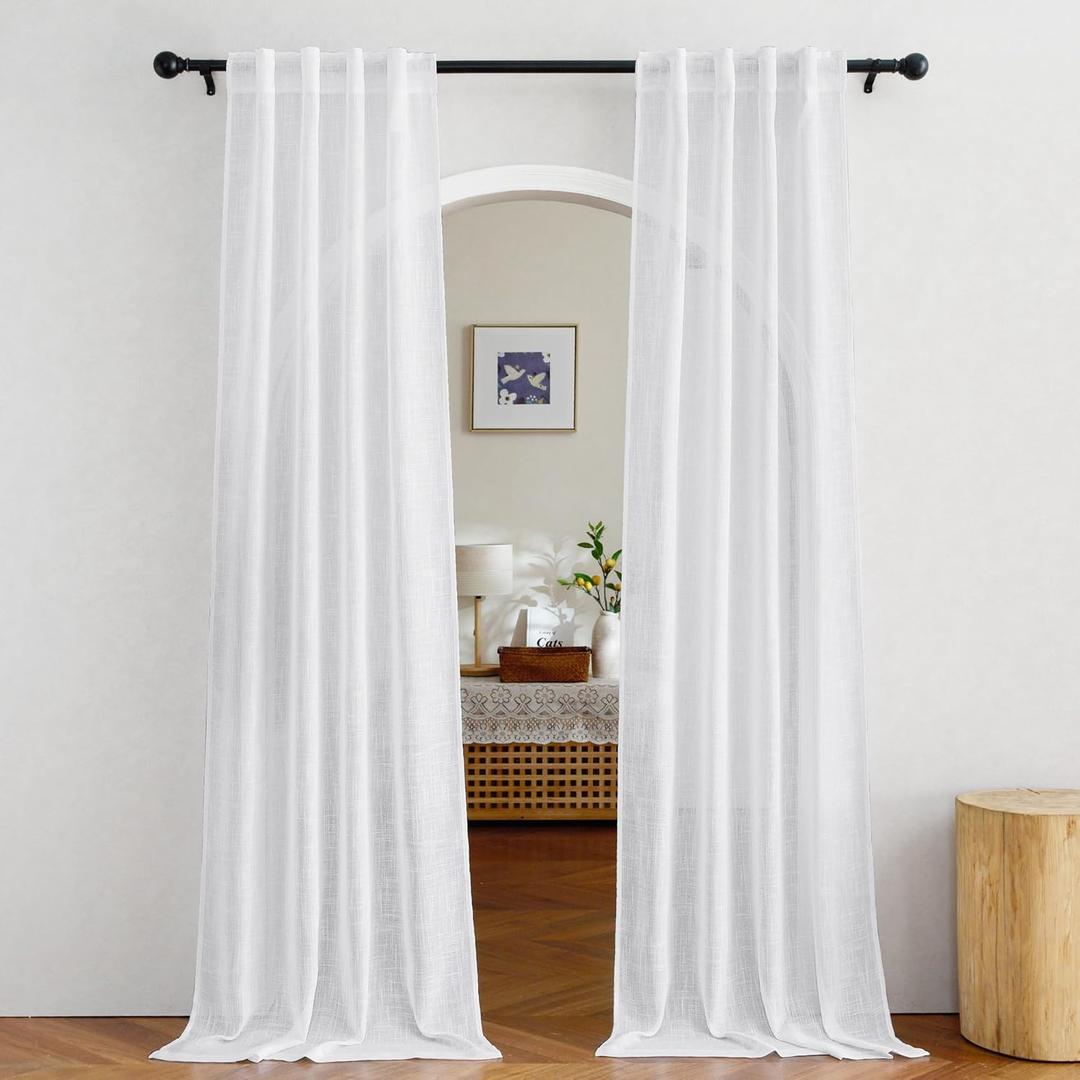 NICETOWN White Doorway Curtains 80 inches Long, Rod Pocket & Back Tab Semi Sheer Faux Linen Privacy with Light Filtering Window Treatments for Bedroom/Living Room, 2 Panels, W34 x L80
