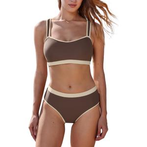 MOOSLOVER Women Bandeau High Waisted Bikini Sets Cheeky High Cut Swimsuit 2 Piece Bathing Suits (Brown, M)