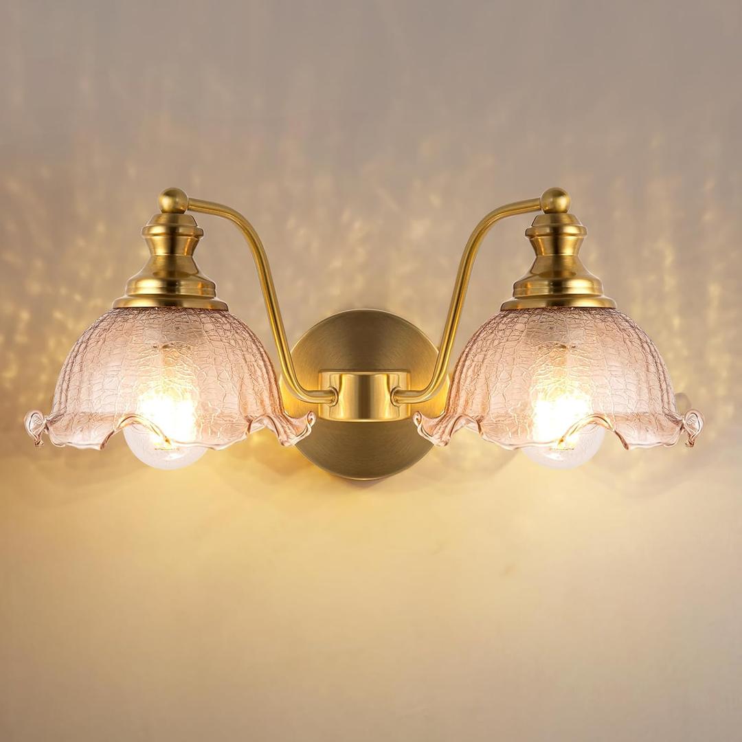 Vintage Bathroom Vanity Light, 2-Light Matte Brass Finish Vanity Light with Floral Amber Glass Shades, Bathroom Light fixtures Suitable for Vanity Light Fixture (Petals Double-Ended)