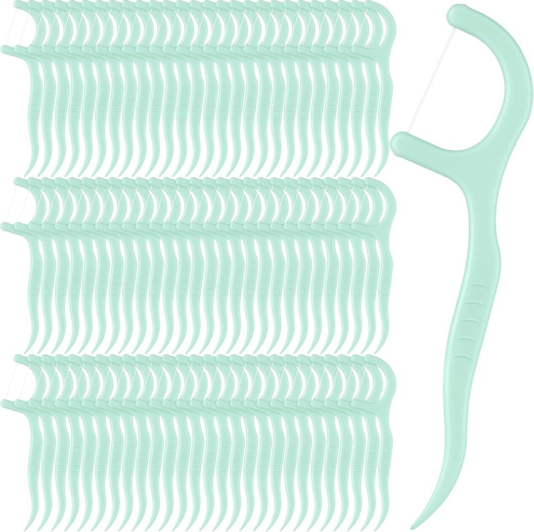 Baderke 200 Count Floss Picks Bulk Non Breakable Tooth Picks Flosser Dental Floss Sticks for Adults Teeth Cleaning Dental Flossers for Family Pack Travel (Light Green)