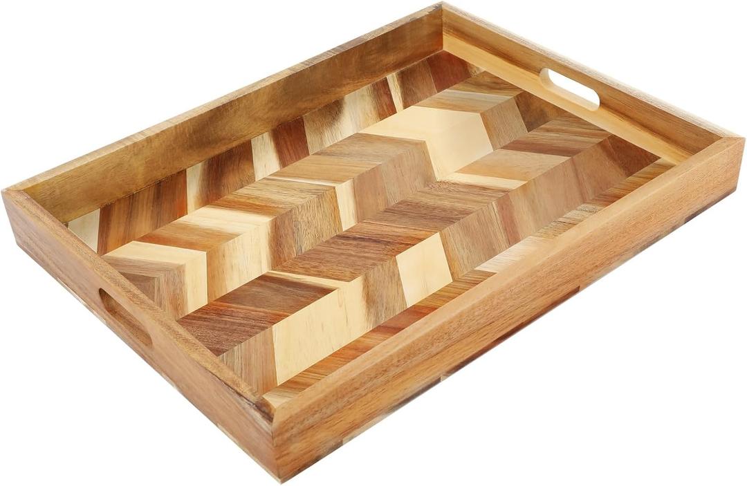 Acacia Wood Serving Tray with Handles15.7x11.8 in Colorful Wooden Serving Tray Ottoman Tray Decorative Serving Trays Platter for Breakfast in Bed, Great for Lap &Couch