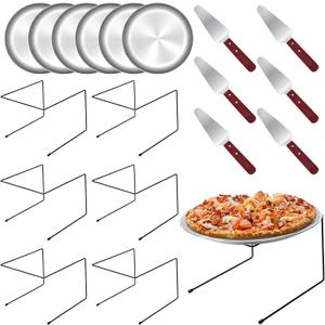 18 Pieces Pizza Pan Riser Stands Sets with 6 Metal Pizza Table Stands 6 Pizza Pans and 6 Wood Handle Pie Server Pizza Serving Tray Display Stands for Pizza Party Dessert Cheese Baking (18 PCS)