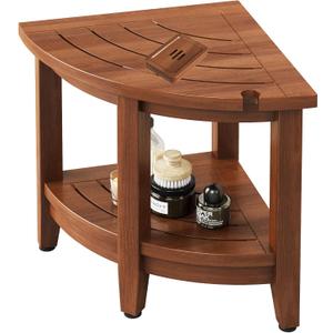 18" Teak Corner Shower Stool, Inside Shower Stool with Storage Shelf, Waterproof Teak Stool for Shaving Legs and to Sit On, 2-Tier Shower Stool,Adjustable Feet, Non-Slip, Brown