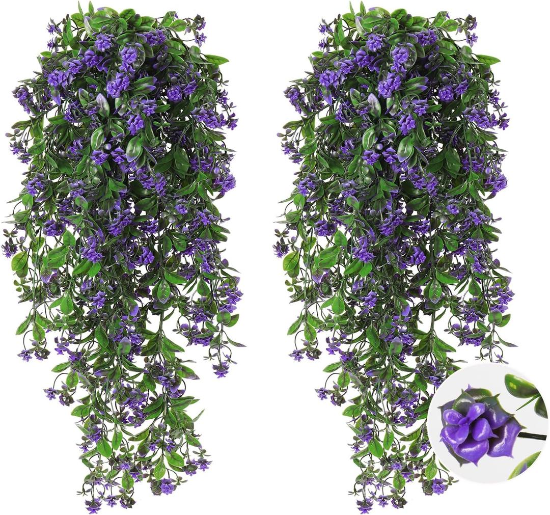 RECUTMS 2Pcs Artificial Hanging Plants Fake Vines Fake Plants Outdoor Greenery Artificial Flower for Outdoors Hanging Basket Plastic Home Garden Wedding Party Decorations(Purple)