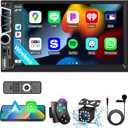 7" Double Din Car Stereo with Wireless Apple CarPlay,Car Radio Build-in Bluetooth 5.2,IPS Touchscreen 1024x600,FM Radio,Backup Camera,Dual USB,Type-C Fast Charging,GPS Navigation,Subwoofer,Car Play