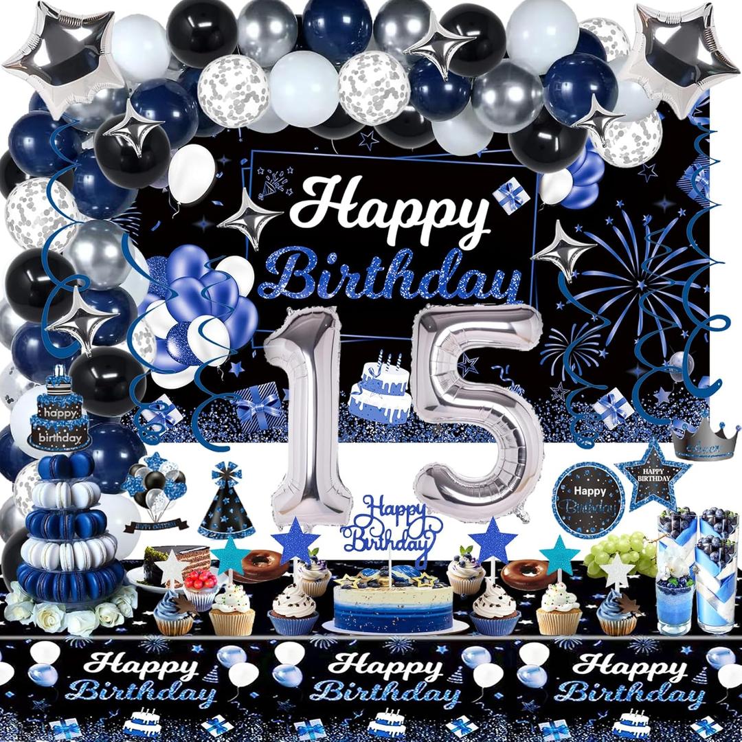 15th Birthday Decorations Set for Boy, Navy Blue Silver Black Happy 15 Party Decorations with Birthday Backdrop Banner, Tablecloth, 15 Number Balloons for Him, Black, Blue