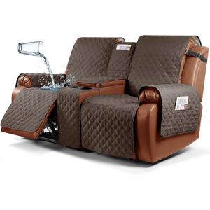 Ruaozz Waterproof Recliner Loveseat Cover with Console, Non-Slip Couch Cover Pet Cover for Double Recliner Split Sofa Cover with Elastic Straps for Kids, Dogs, Pets (Brown, 2 Seater)