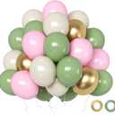 Sage Green Pink Balloons Set 12 Inch 50Pcs Metallic Gold & Sand White Latex Balloons Green Pink Party Decor for Weddings Birthdays Baby Shower Party Decorations