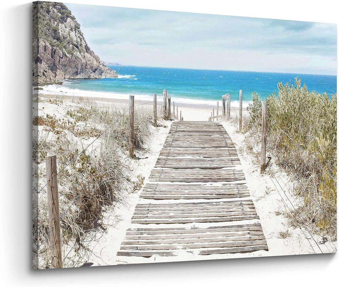 Bathroom Wall Art Beach Picture: Modern Ocean View Sea Canvas Artwork Decor Contemporary Coastal Scene Wave Seascape Painting Horizontal Scenic Nature Landscape Seaside Boardwalk Prints for Living