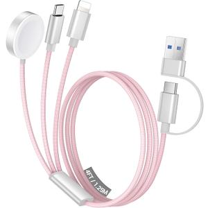 Temdan for Travel Vacation Essentials, 3 in 2 USB C Cable for Apple Watch Charger/ iPhone 17 Charger/ Lightning, Multi Charging Cable Cord, Camping Essentials, Designed for iWatch & iPhone 16-12-4FT Pink