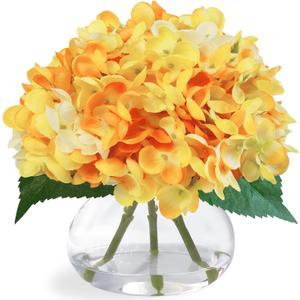 Hydrangea Artificial Flowers in Glass Vase, Orange Silk Fake Flowers Silk Centerpiece Table Decorations for Dining Room Coffee Table DecorWedding, Home with Faux Water Decor Orange