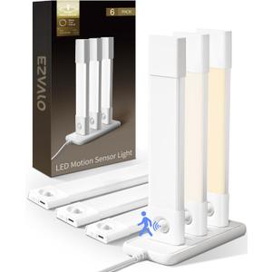 EZVALO 6 Pack Led Under Cabinet Lighting Wireless with Charging Station, 7Rechargeable Motion Sensor Light Indoor, 3 Color Dimmable Motion Activated Cabinet Lights for Kitchen Bookshelf, Stair