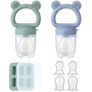 2 Pack Silicone Baby Fruit Feeder with Mini Freezer Tray, Baby Teethers, Breastmilk Popsicle Molds for Baby Teething Relief, Fresh Food Feeder for Safe Infant Self Feeding, Extra Food Pouches (Blue/Green)