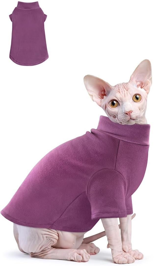 Idepet Sphynx Cats Sweater ,Turtleneck Hairless Cat Shirt Soft and Warm Kitten Clothes with Sleeves Pullover Pet Winter Pajamas Jumpsuit for Cat Puppy (Purple, Small)