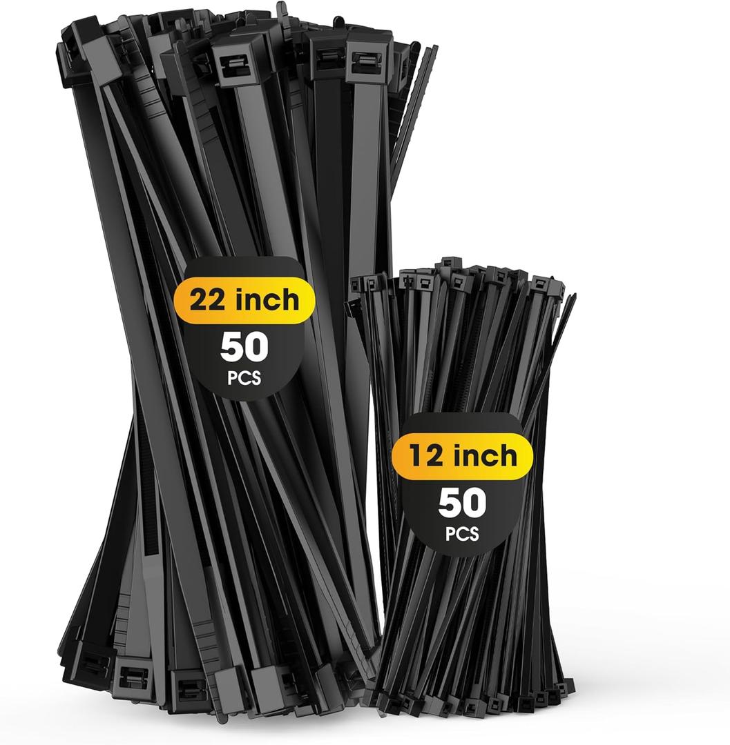 Zip Ties Heavy Duty, 250 LBS 22+12 Inch 100PCS Industry Cable Ties Tensile Strength 0.5 Inch Width Extra Large Wire Ties Adjustable Nylon Tie Wraps for Home, Garden, DIY, Industry Work, Black 