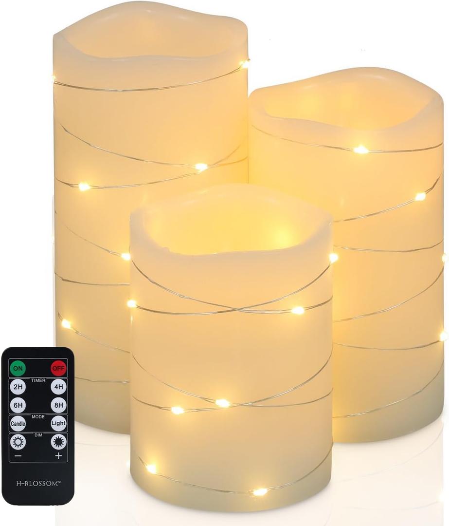 H-BLOSSOM Flickering Flameless Candles Ivory Real Wax Pillar with Embedded String Lights LED Candles Battery Operated with Cycling 5H Timer Set of 3 (3" x 4"/5"/6") (Ivory)