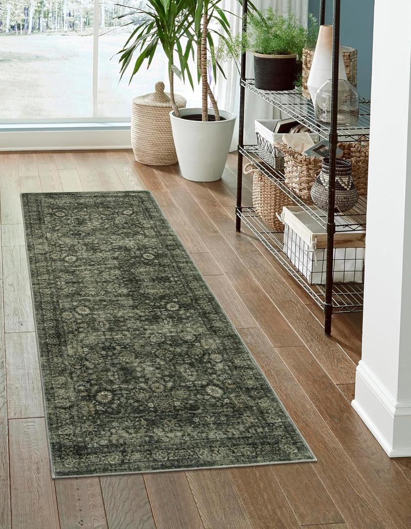 Morebes 2x6 Vintage Washable Dark Green Kitchen Runner Rug Non Slip, Boho Runners for Hallways, Non Shedding Soft Indoor Floor Throw Carpet for Laundry Living Room Bathroom Bedroom