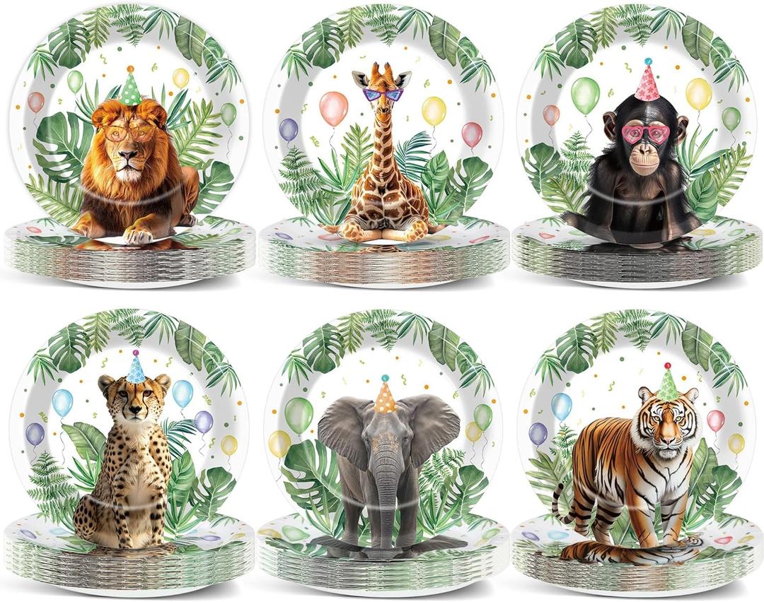 ZOIIWA 60PCS Jungle Safari Party Plates 7inch Wild Animals Birthday Paper Dinnerware Plate Set Safari Animal Themed Decorations for Boys Girls Baby Shower Supplies Gender Reveal Kids Birthday Favors