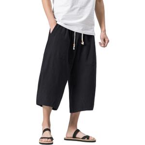 MAGNIVIT Men's Linen Cotton Capri Pants Loose Fit Elastic Waist Wide Leg Baggy Harem Pants (Black, XXL)