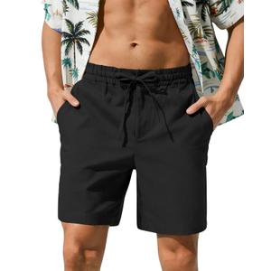 ANNERUN Mens Cotton Linen Summer Shorts Lightweight Breathable Casual Beach Elastic Waist Drawstring 7 Inch Inseam, Black (Black)