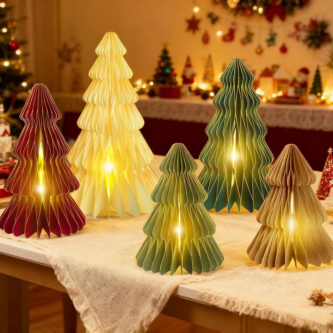 5Pcs Large Christmas Table Decorations Paper Christmas Trees, Light Up Honeycomb Xmas Tree Centerpieces for Tables for Christmas Frozen Winter Wonderland Party Vintage Home Decor, 12/14/16 Inch (Colorful)