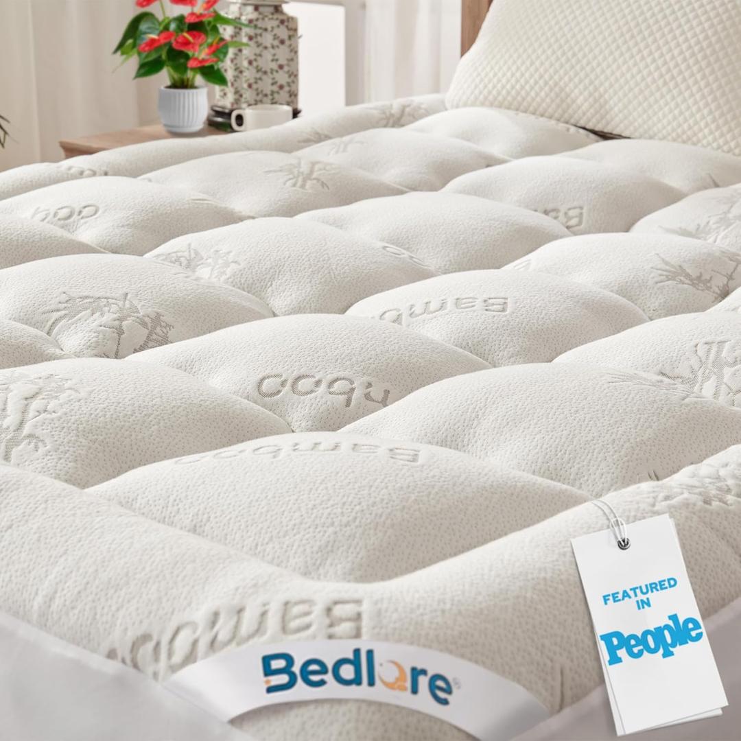 BEDLORE Queen Mattress Topper Viscose Bamboo, Thick Pillow Top Mattress Pad | Stretchable Pockets Fit 6”-18” Mattress, Soft Breathable Mattress Topper for Back Pain Relief and Hot Sleepers(White)