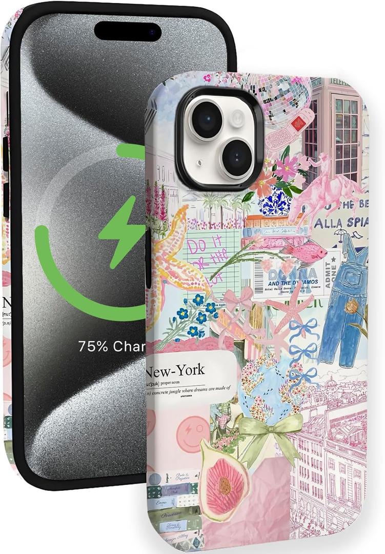 Compatible for iPhone 13 Pro Case Compatible with MagSafe [6ft Drop Tested] Rugged Shockproof Protective Phone Case for Women Girly Pink Cute Bows Florals Fashion Collage Design