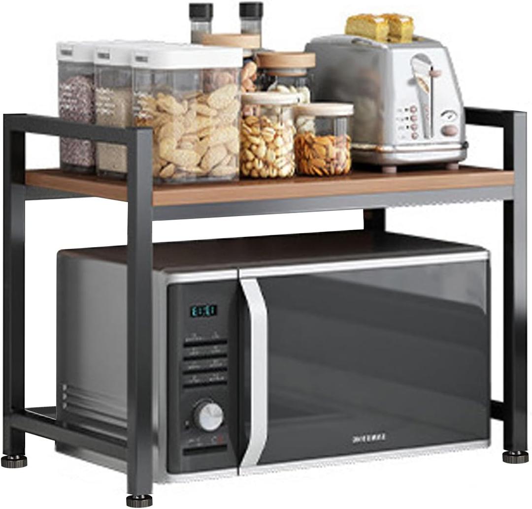 Microwave Stand, 2 Tier Microwave Shelf for Kitchen Shelving Countertop Organizer. Carbon Steel, Wood Panel, Sturdy and Not Shaking Kitchen Rack That Can Withstand 200 Lbs Weight