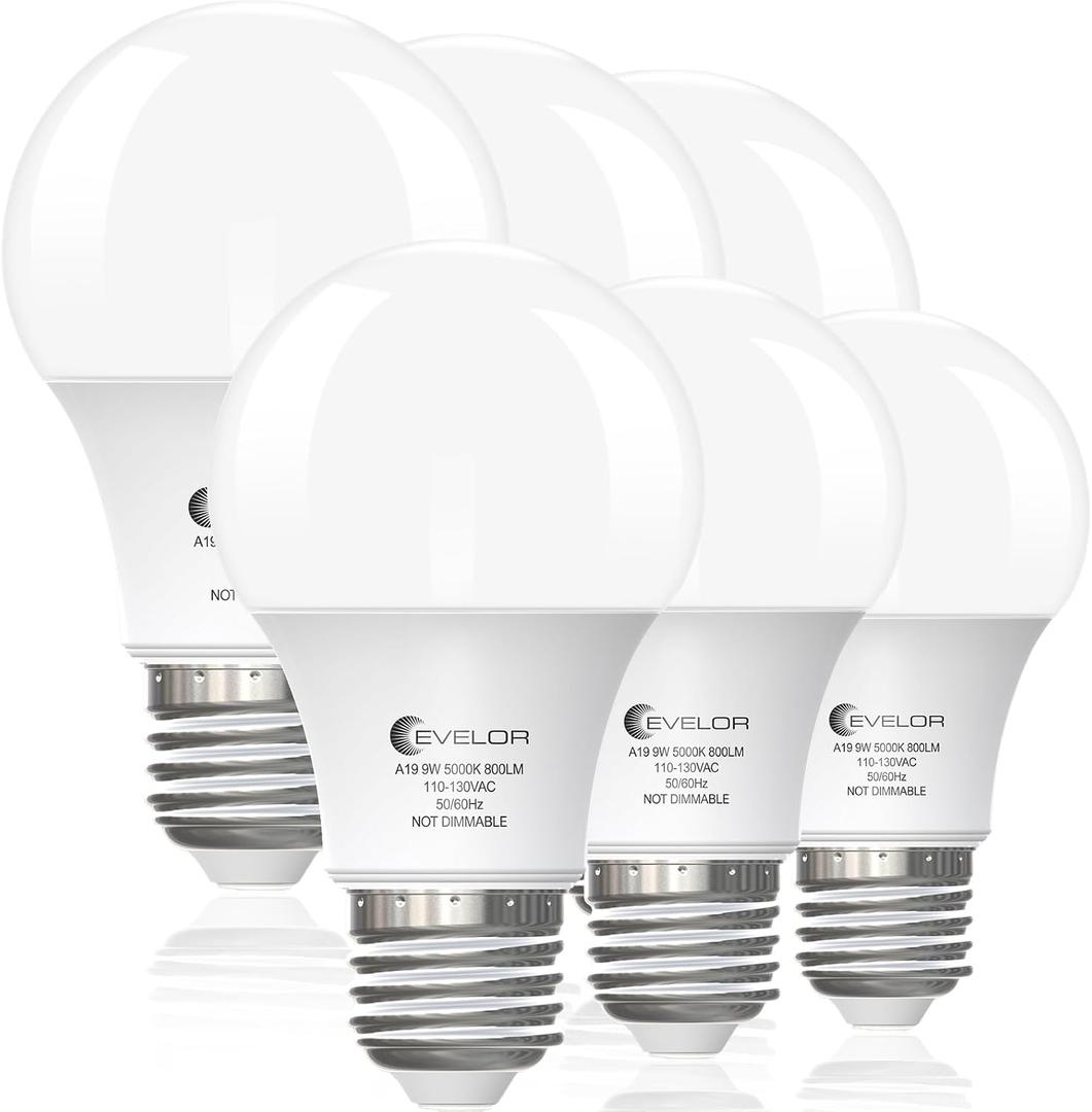 2 x evelor 6-Pack A19 LED Light Bulbs,60 Watt Equivalent Daylight 5000K with E26 Base,Efficient 9W,800 Lumens Non-Dimmable LED Bulbs,15000 Hours, Ideal for Bedroom Living Room