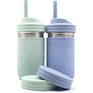 Elk and Friends 14oz Stainless Steel Kids + Toddler Drinking Cups | The Original Mason Jar with Sleeves + Lids | Silicone Straws | Smoothies | Storage Jar | Spill Resistant | Dishwasher Safe | 2 Pack (Misty Blue/Sage)