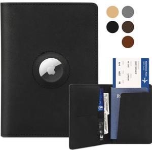 Airtag Passport Holder for Men and Women Travel, Real Leather Passport Wallet, Handmade Passport Cover Case with Airtag Slot, Travel Must Haves Essentials Accessories Birthday Gifts,(Crazy Horse,Black)