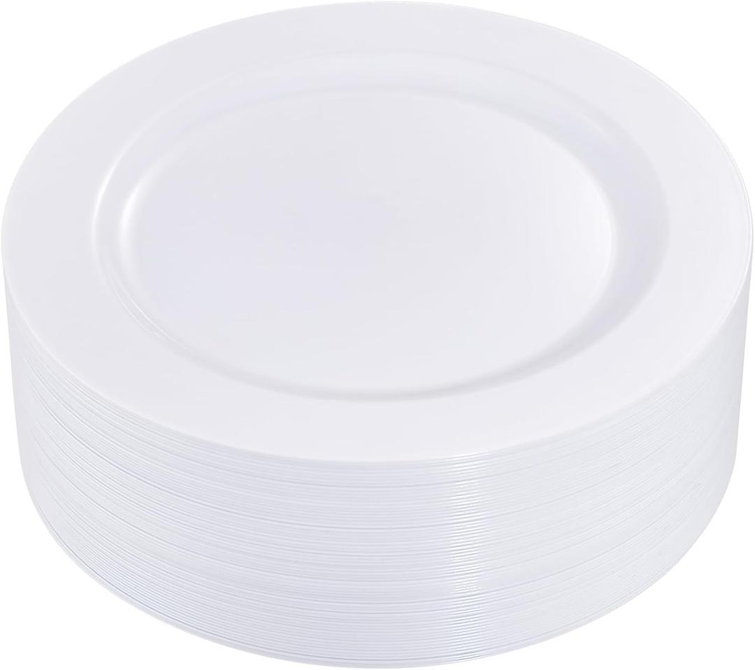 I00000 50Pcs White Plastic Dinner Plates 10.25 Inch, Premium Disposable Party Plates, Safe and Reusable, Heavy Duty Plastic Plates Perfect for Wedding & Party