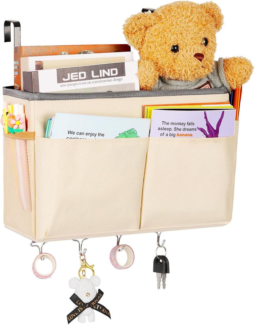 Bedside Storage Organizer 5 Pockets with 4 Hooks Hanging Storage Bag for Headboards/Bunk Bed (Beige)
