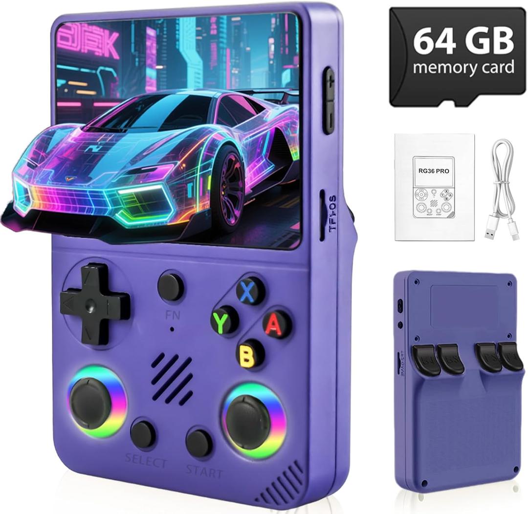 RG36PRO Video Game Console - Support 30000+Classic Games, 64G TF Card,Open Source System, 3.5-Inch Screen,3000mAh Battery, Portable Console for Travel, Gift for Adult or White
