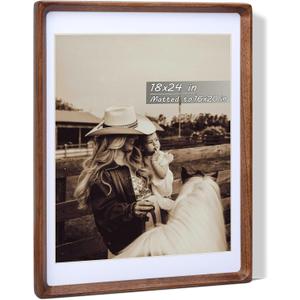 18x24 Picture Frame with Mat for 16x20, USA-Sourced Natural Walnut Wood Handcrafted Rounded Corner with Plexiglass, Vertical or Horizontal Display Photo Gallery Poster Wall Mounting Frame, 18x24 Matted to 16x20