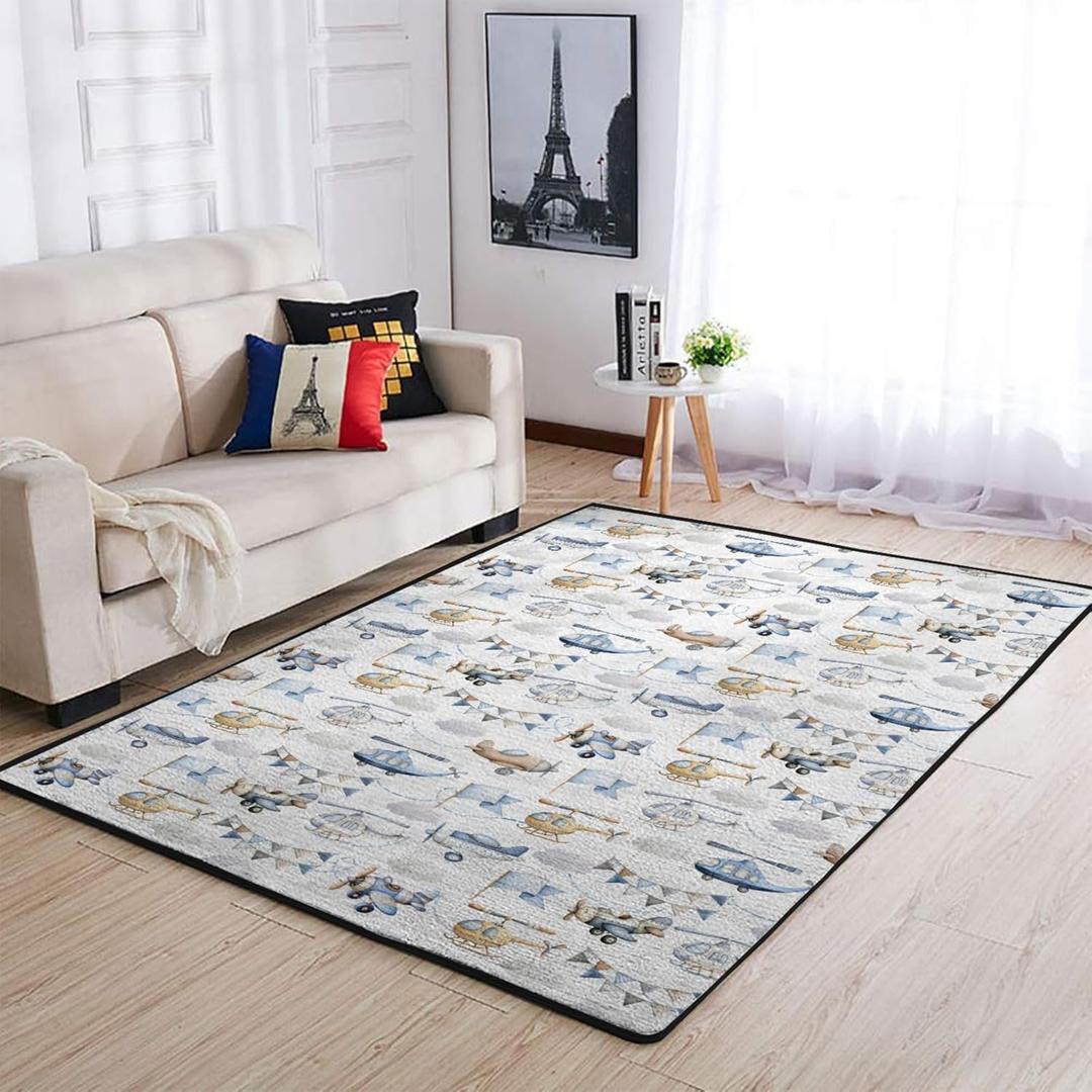 Watercolor Airplanes Helicopters Nursery Area Rug for Baby Girl Boy Vintage Aircraft Kids Throw Carpets for Nursery Kids Room Bedside Home Decor Air Transport Travel Floor Mats Blue 48x72inch