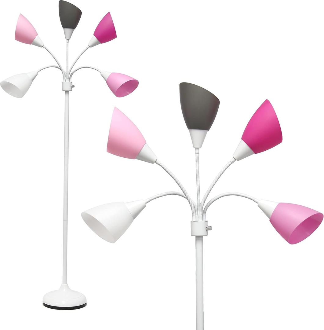 Simple Designs LF2006-WPG 67" Contemporary Multi-Head Medusa 5 Light Adjustable Gooseneck White Floor Lamp with Pink, White, Gray Shades for Kids Bedroom Playroom Living Room Office, 30 x 10 x 67