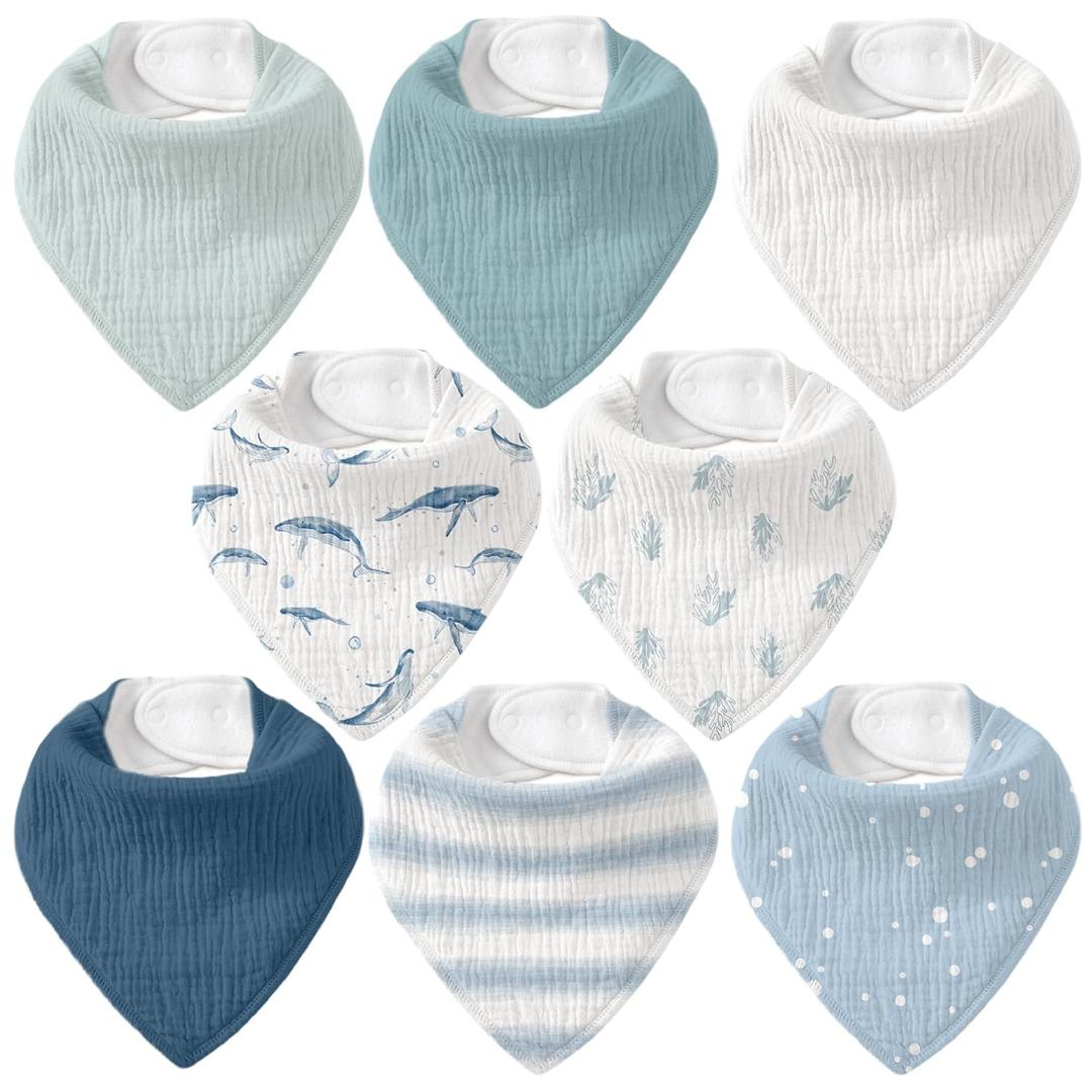 Muslin Baby Bibs 8 Pack, Baby Bandana Drool Bib for Drooling and Teething, Cotton Soft Absorbent for Girls Boys (Blue Ocean Whale)