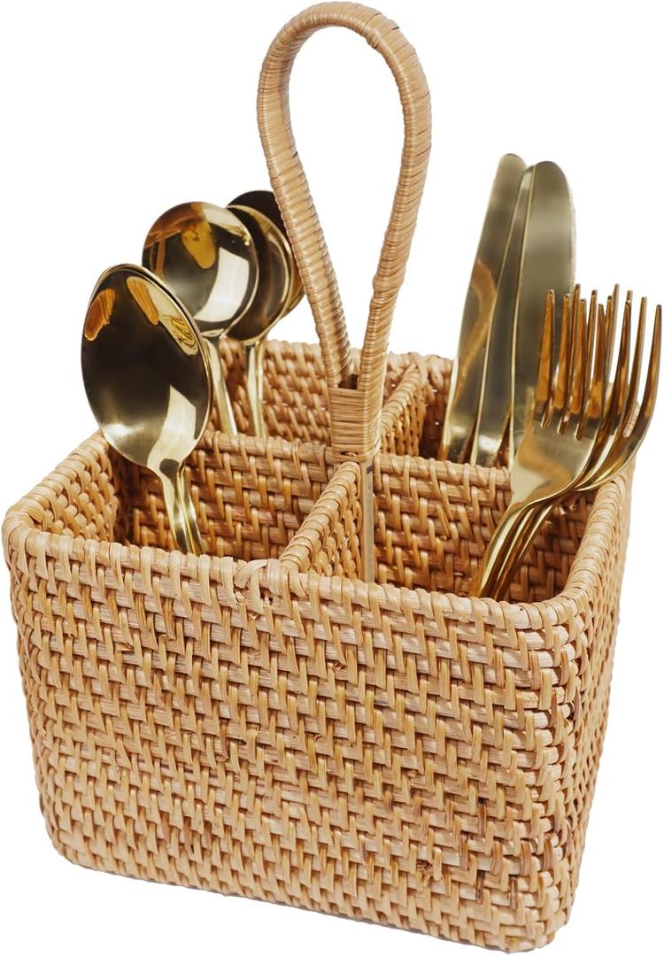 Natural Wicker Utensil Caddy with Built-in HandlesWicker Silverware Caddy with 4 CompartmentsSpoon Cutlery Holder Utensils OrganizerCondiment Organizer Silverware Holder(7.09 * 5.12 inch)