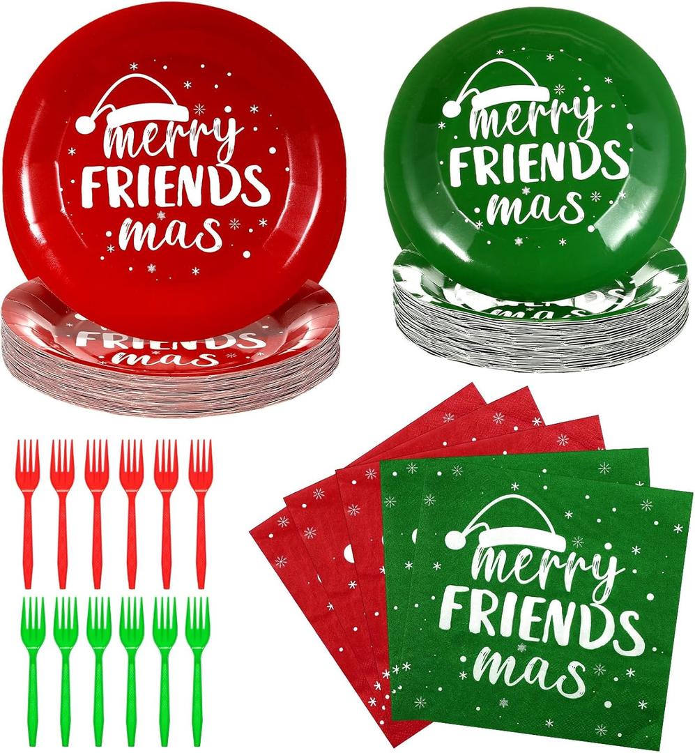 Vesici 100 Pcs Christmas Friendsmas Dinnerware Set 25 Set Disposable Party Supplies Paper Plates & Napkins & Forks for Guests Friendsmas Party Decoration