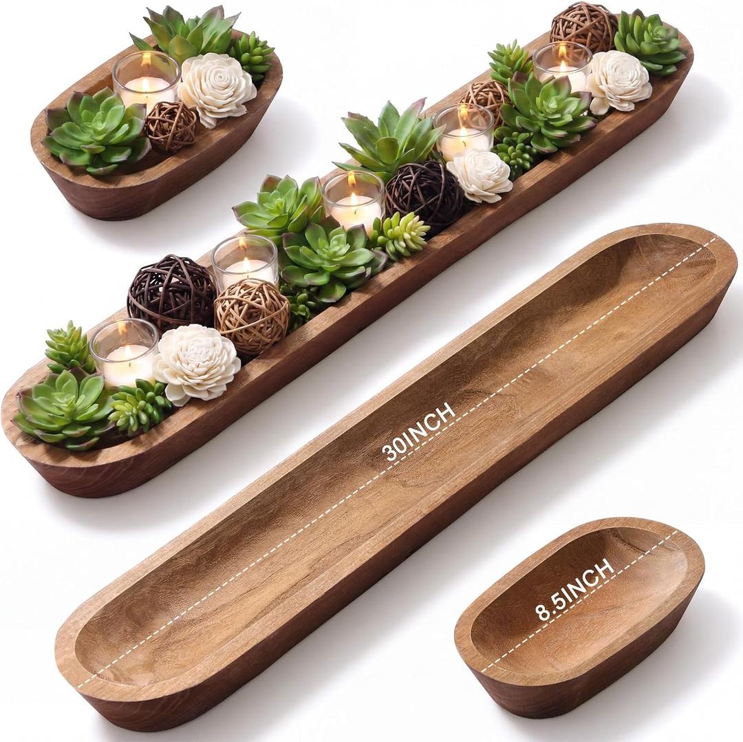 Sawysine 30 Inch & 8.5 Inch Wooden Dough Bowl Decoration Long Bread, Brown | Rustic Bowl Tray, Vintage Hand, Table Centerpiece, Living, Room, Home, Dining Kitchen Decoration
