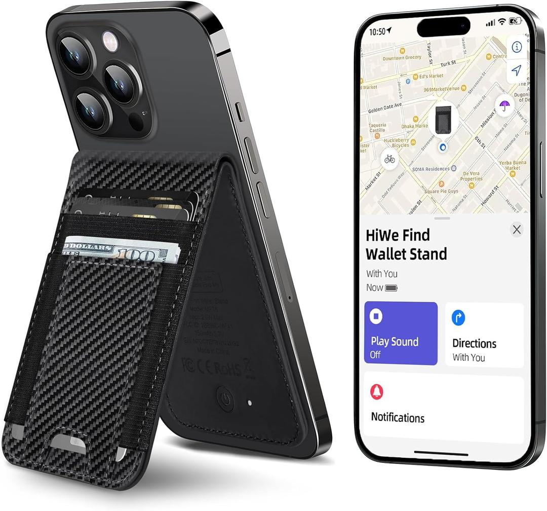 HiWe for MagSafe Wallet Stand with Find My, Anti-Lost Strongest Magnetic Wallet for iPhone 17/16/15/14/13/12 Series, 9 Cards Holder, Leather RFID, Carbon Fiber Black