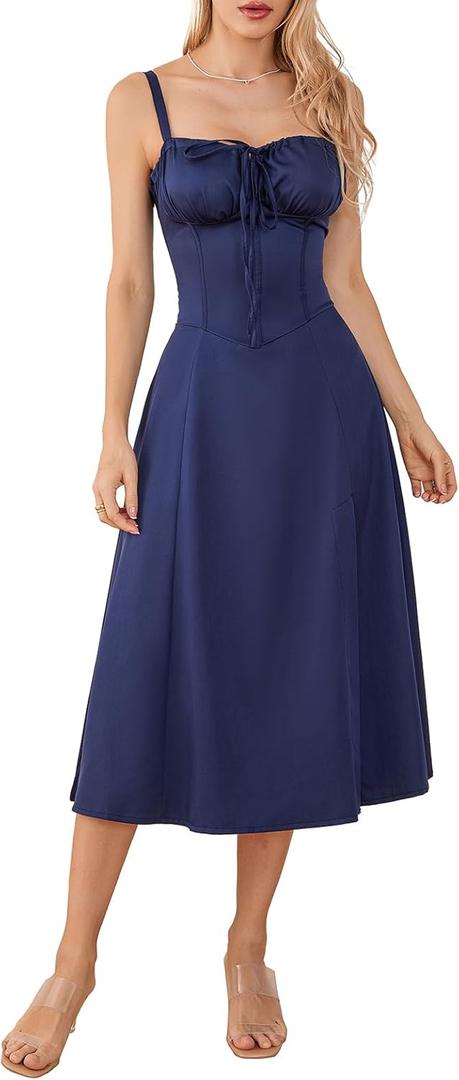 Argeousgor Women Y2k Square Neck Lace Trim Long Dress Low Cut Sleeveless Bustier Midi Dress Going Out Spaghetti Strap Sundress A-Blue, S