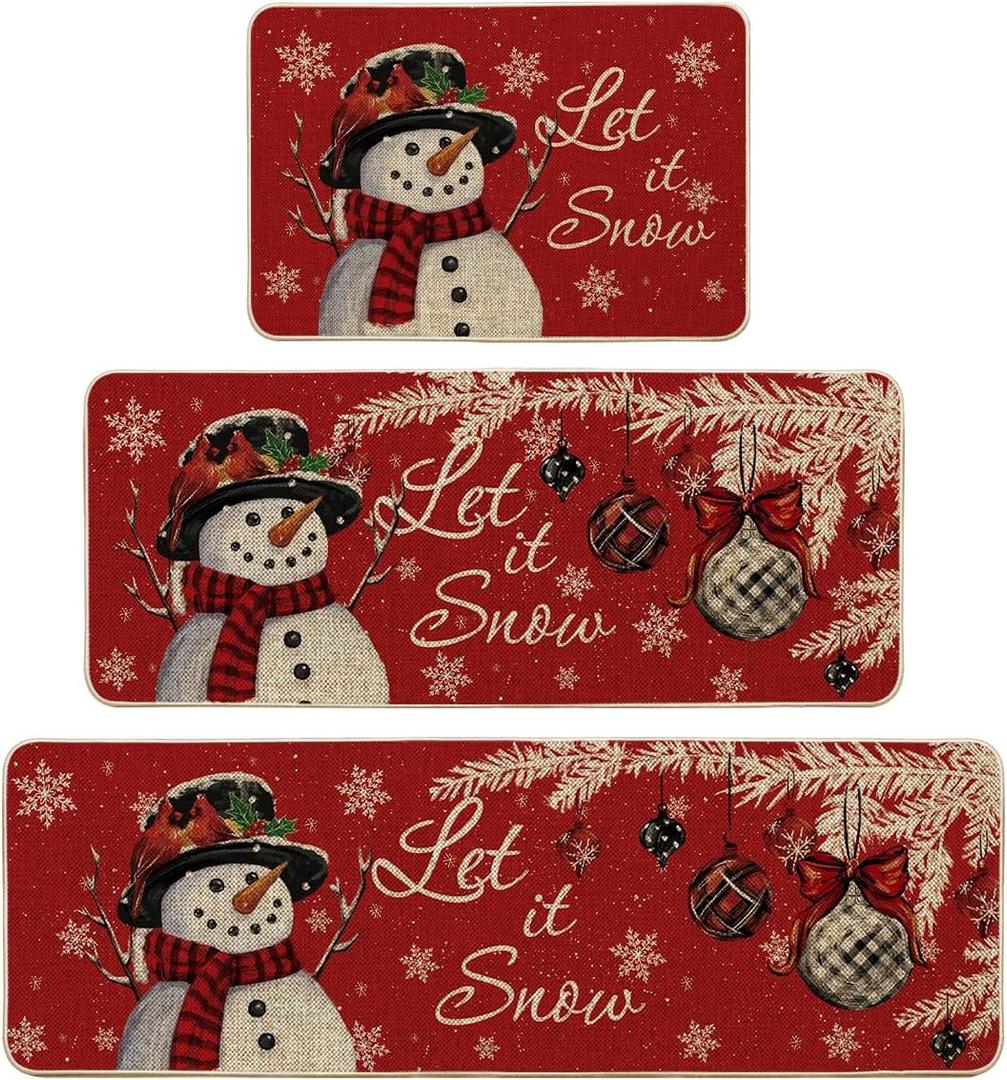 Artoid Mode Snowman Let It Snow Snowflake Christmas Kitchen Mats Set of 2, Winter Home Decor Low-Profile Kitchen Rugs for Floor - 24"x35"+24"x59"+24"x72" (Red)
