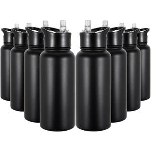 32 oz Insulated Water Bottle Bulk 8 Pack, Stainless Steel Sports Water Bottles with Straw Lid & Wide Mouth Lids, Double Walled Vacuum, Leak Proof, Black