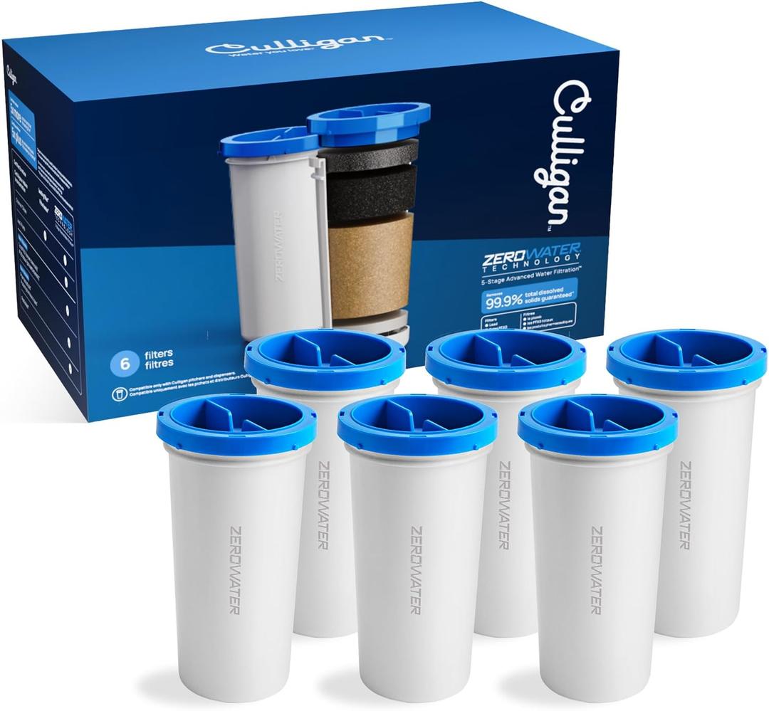 Culligan with ZeroWater Technology Replacement Filter 6-Pack, 5-Stage Advanced Water Filter IAPMO Certified to Reduce Lead, Total PFAS (Forever Chemicals), Mercury, Fluoride, and Chlorine