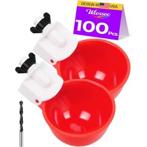 100Pcs Chicken Waterer Cups, Large Chicken Water Feeder, with Mounting Hole Opener & Tee Fittings, Bebederos para Gallinas for Chickens, Ducks, Geese, Turkeys and Birds(Red)